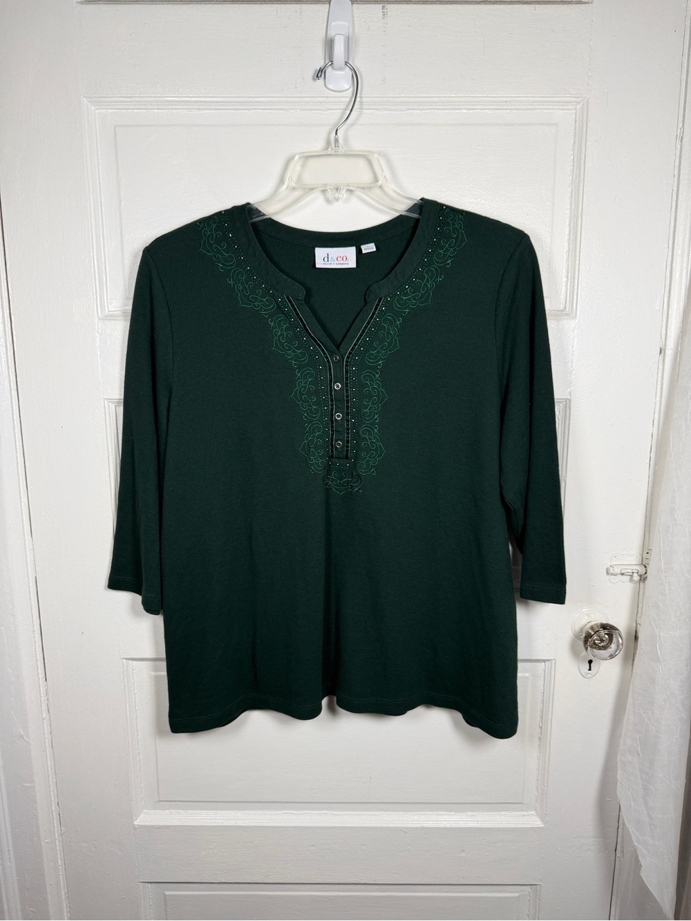 Denim&Co. Forest Green Embroidered Bead Embellished Henley Thermal Top Cotton XL